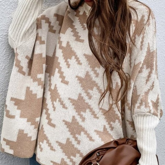 Sweaters - Houndstooth Print Sweater with batwings